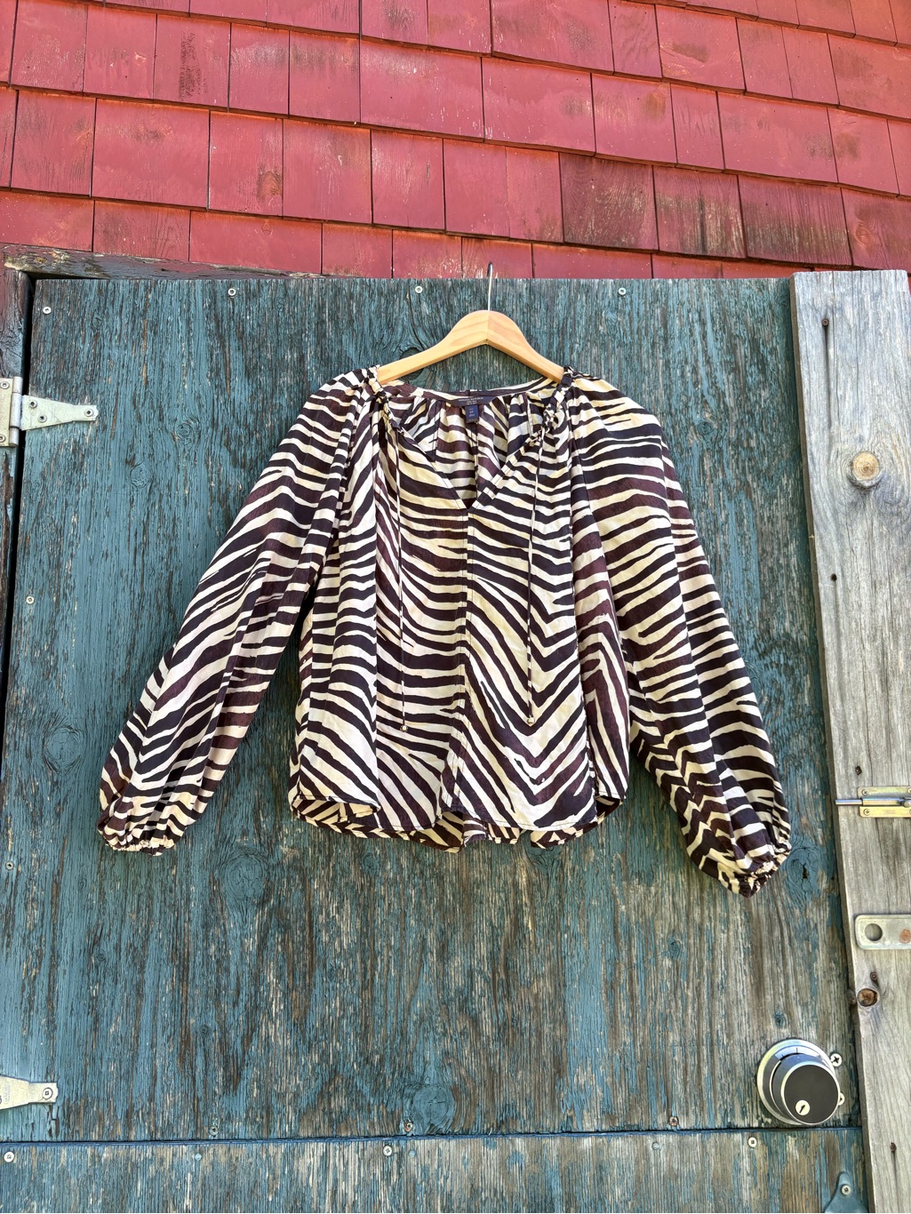 Banana Republic Silk Zebra Print Long-Sleeve Peasant Blouse - Black & Cream